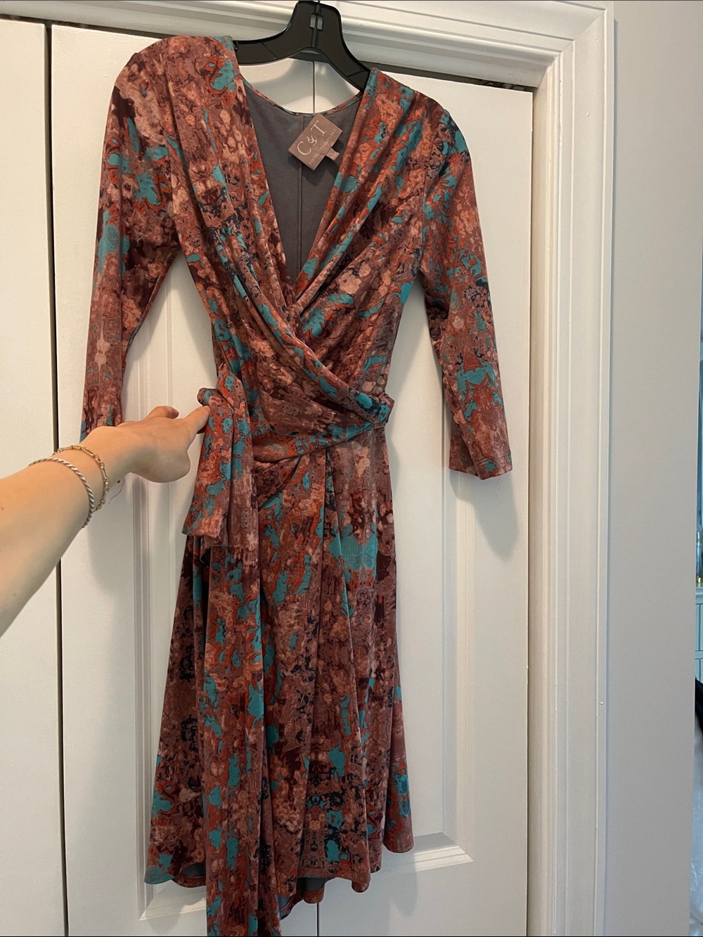 Wrap Midi Dress in Rust & Teal Floral